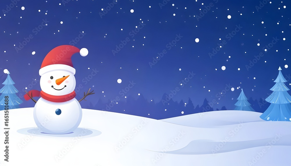 Naklejka premium A snowman with a red hat and scarf standing in the snow. The snow is falling and the sky is blue