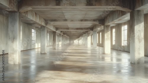 Journey Through an Endless Concrete Hall: A Dynamic Tracking Shot in an Empty Industrial Warehouse.