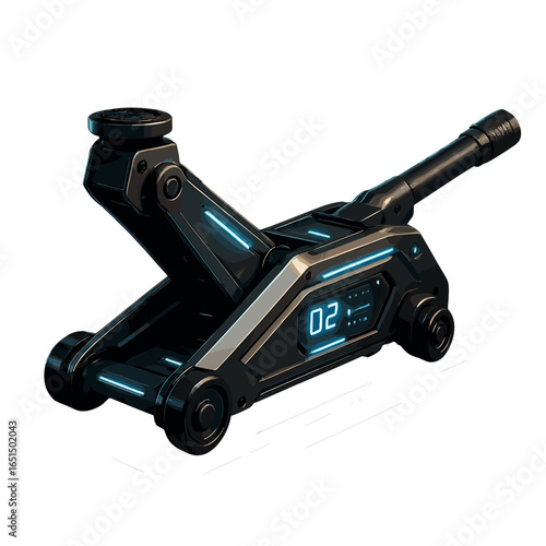 Futuristic black robotic jack with digital display and blue accents  