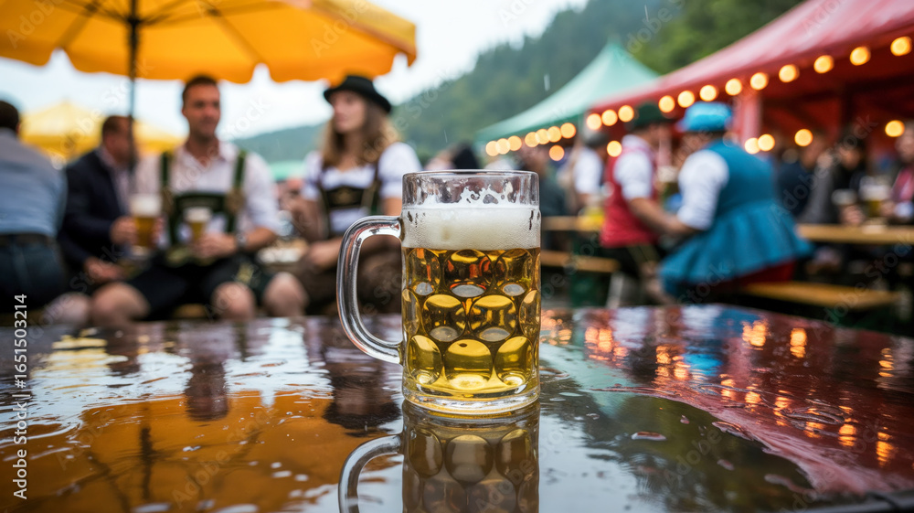Oktoberfest celebration with beer mug on table under tents Oktoberfest celebration with beer mug on table under tents