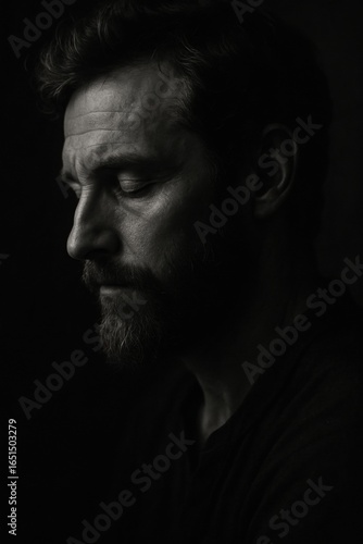 Pensive caucasian male in shadowy profile captured in black and white portrait