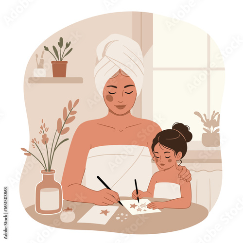 Mother and daughter draw stars on a white sheet of paper together at home by the window.