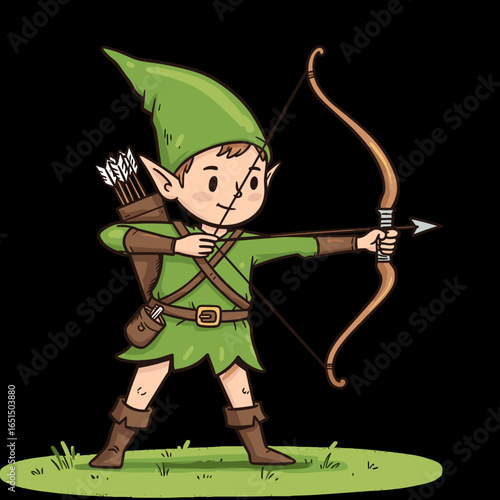 Young elf boy aiming bow and arrow while standing on grass  