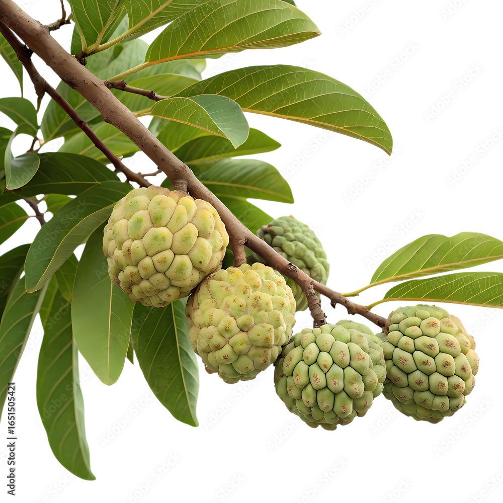 Fototapeta premium Custard apple fruit on a branch isolated on transparent background