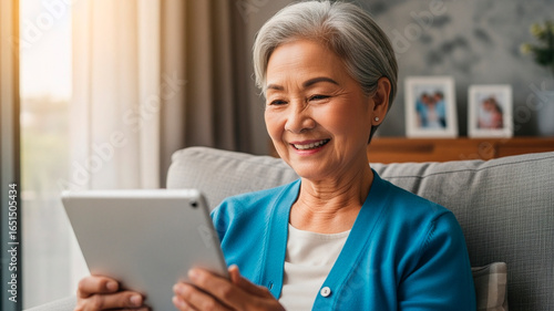 Smiling senior woman using digital tablet on sofa at home Free Download Smiling senior woman using digital tablet on sofa at home - GFXLoad