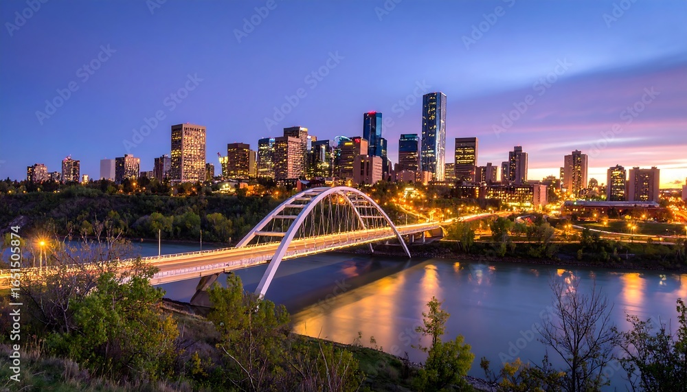 Fototapeta premium City skyline at twilight with illuminated bridge over river.