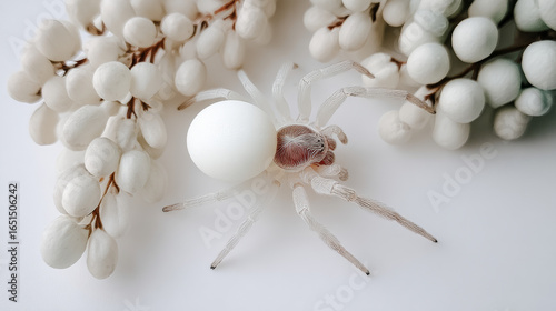 Unique spider with white body and delicate white flowers on a light background during a calm indoor setting