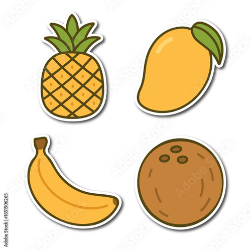 Cute cartoon tropical fruit stickers including pineapple, mango, banana, and coconut.