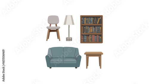An assortment of furniture set isolated on plain background.
