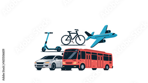 An assortment of transportation options, including scooter, bicycle, airplane, car, and bus.