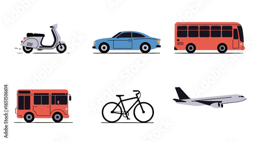 Various modes of transportations are illustrated in this image.