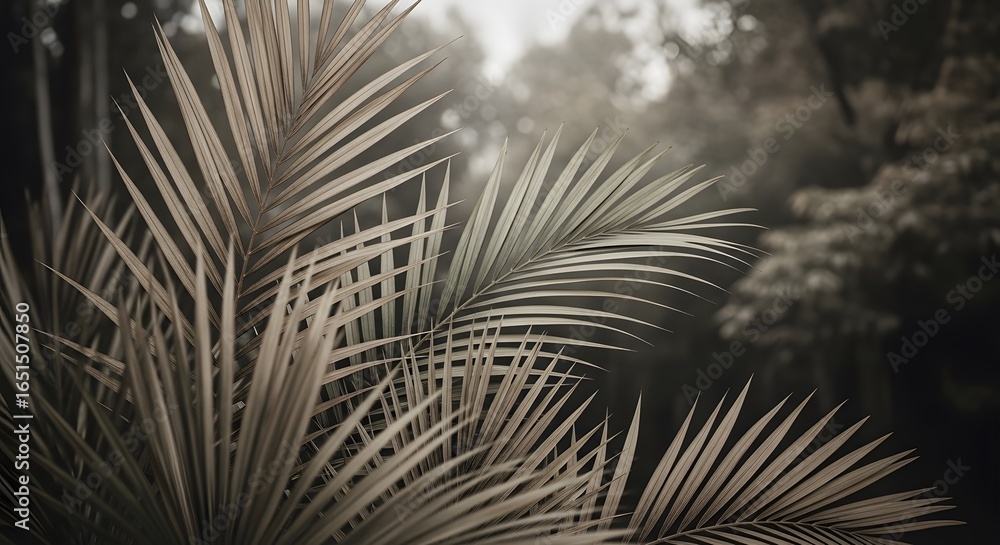 Obraz premium Serene close-up of desaturated palm fronds, showcasing the intricate patterns and soft textures of tropical foliage in a tranquil natural setting.