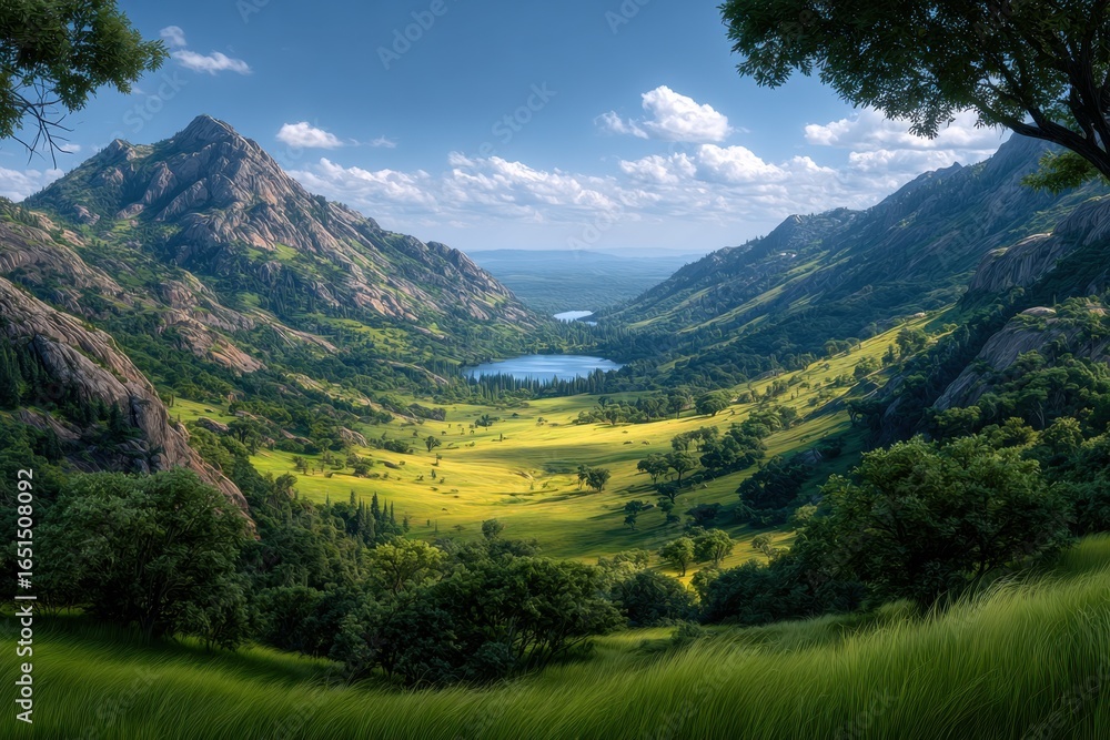 Fototapeta premium Breathtaking Mountain Valley Landscape with a Serene Lake Under a Clear Blue Sky