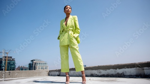 Full body shot of female high class fashion model posing on concrete rooftop wearing lime green tailored suit, fashionable woman in lime green suit on rooftop, bold and modern fashion concept