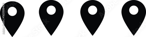 Black location pin icon set, GPS marker symbols, navigation pointer graphics, map destination indicators, travel position icons, digital geolocation signs, vector silhouette design