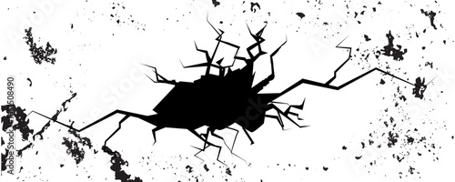 Wall crack icon. Hole in floor, broken glass symbol top view, break effect design