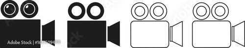 movie camera icon set, film camera symbols, filmmaking graphic design, cinema icon variations, video production symbol, retro camera silhouettes, outline and filled camera designs