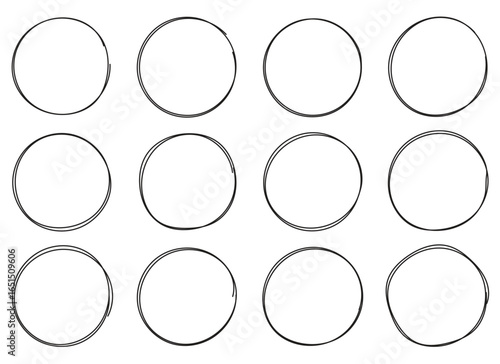 A dozen hand-drawn circles are neatly arranged in a three-by-four grid, set against a clean white background. Each circle exhibits slight imperfections inherent to handmade art.