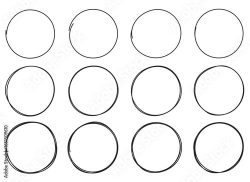 Twelve circular shapes drawn in a rough, sketchy style are neatly organized in a grid pattern on a white background. They offer a hand-crafted and informal aesthetic.