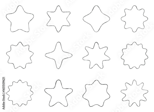 A pattern of twelve different outlined whimsical star shapes and geometric forms on a white background. The shapes are variations of stars and other symmetrical shapes.