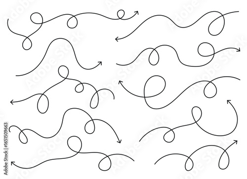 A series of loopy, hand-drawn arrows on a plain background, each indicating a different direction. These stylized arrows can be used to demonstrate path options.