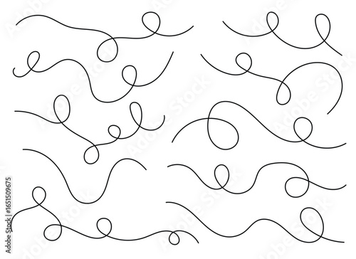 A collection of flowing lines with curled loops creates an abstract pattern on a white backdrop. Perfect for adding a whimsical touch to any graphic design project.