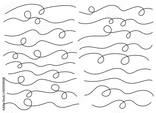 This image features a series of black abstract lines arranged in a playful pattern. The wavy, undulating lines create a whimsical and modern design against a white background.