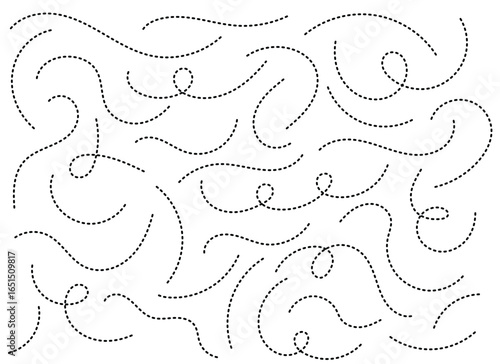 Abstract background of dashed lines on a white surface. The shapes are wavy and curved, with some forming loops, creating a playful and elegant design. 