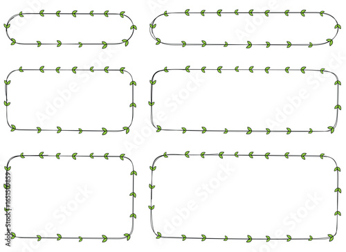 A white background features six outlined rectangular frames decorated with green leaves. They can be used for decoration, invitation cards, or placeholders for textual content.