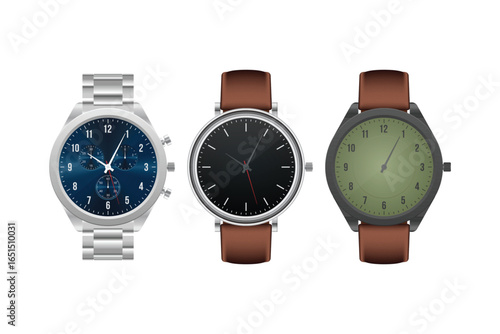 Three wrist watches showcasing different designs and materials. Includes one with a metal strap and others with leather bands. The watches stand against a white backdrop.