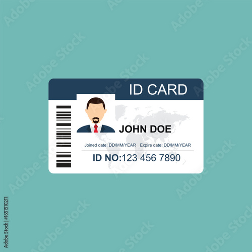 A standard ID card displaying a faceless individual, John Doe's name, and placeholder fields for joined and expire dates. A barcode is visible on the left, set on a solid background.