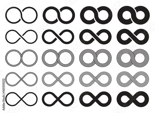 A set of black and white infinity symbols displayed against a white background. The symbols are shown in various line thicknesses and patterns, representing endlessness.