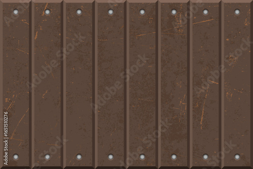 A detailed texture showcases parallel brown wooden panels with light scratches, creating a rustic aesthetic. Each panel is adorned with circular metallic studs at the top and bottom.