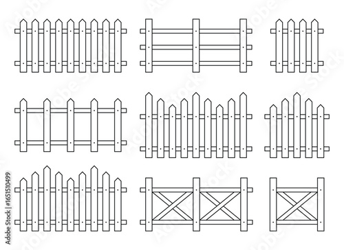 This illustration showcases a variety of fence designs, depicted as clean, simple outlines, highlighting the different patterns and picket styles used in fencing.