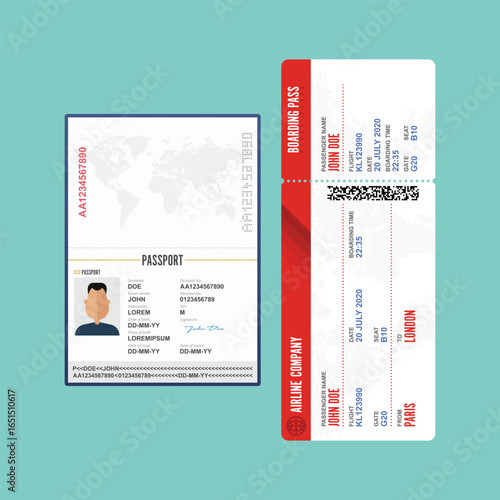 Passport and boarding pass depict international travel readiness. Passport shows personal data, while boarding pass details flight and destination: Paris to London.