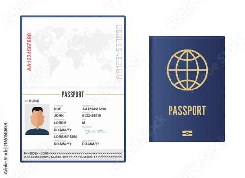 A digitally rendered passport is open, revealing personal details, and a closed passport displays the cover with a globe symbol for global identification.