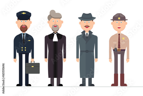 Cartoon depiction showcasing four professions: a pilot holding a briefcase, a judge in robes, a detective in a trench coat, and a law enforcement officer, all standing.