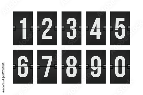 A set of ten individual, mechanical flip-number displays show numbers one through zero. Each number is displayed in white against a black rectangular panel.