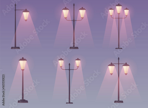 A collection of stylized streetlights with varying numbers of bulbs stands against a soft, gradient backdrop transitioning from deep to light violet, conveying a serene atmosphere.
