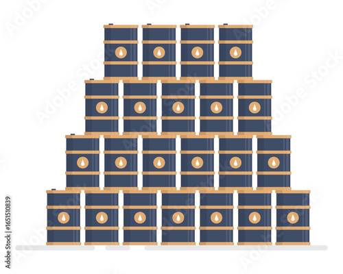 A stack of drums on a plain background showcasing petroleum products or related substances. It represents storage, industry, and resource management. Flat vector illustration.
