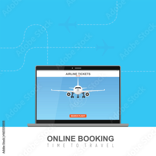 A laptop displays an airline ticket search, with a plane on screen. An airplane route is in the light blue background, alluding to travel and vacation planning online.