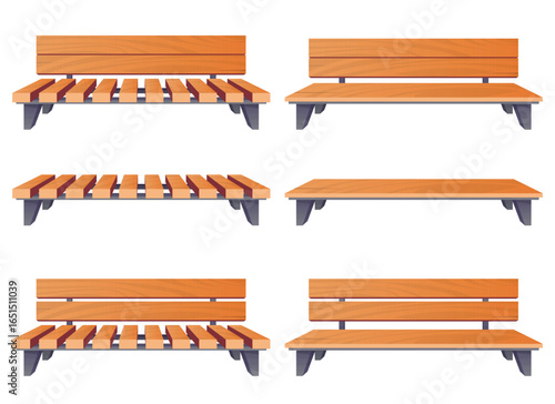 This image shows six different wooden benches in a simple, graphic style. Some have backs, some do not. The seats are either solid or made of slats. All have grey support frames.