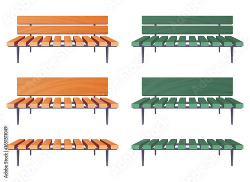 An array of benches in green and brown hues with distinct wood panel seating and backs against a clean background showcases versatility and design variations.