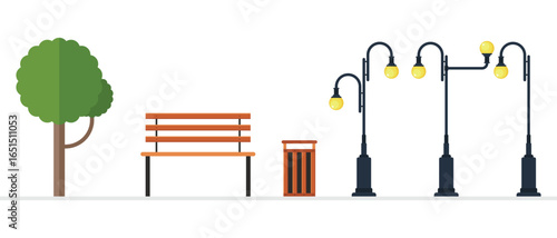 A stylized image of a park shows a green tree, wooden bench, trash can, and three lit street lamps. Simple geometric shapes define the scene on a light surface.