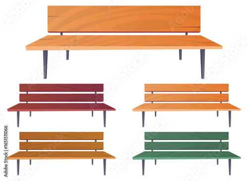 A collection of vector illustrations depicting park benches in varying wood shades, featuring simple plank designs and leg supports on a plain white backdrop.