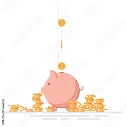 A pink piggy bank is surrounded by stacks of gold coins. Coins are falling into the slot on its back. Saving money illustration on a white background.
