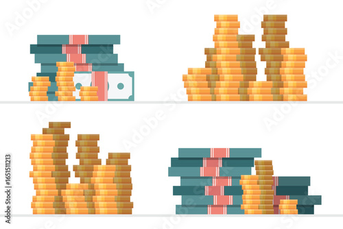 Stacks of money and coins represent financial wealth, savings, and investment opportunities. The image conveys abundance and prosperity in personal finances.