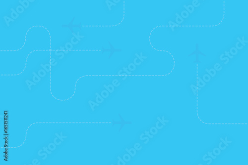 This image showcases airplanes following routes represented by dotted lines on a serene light blue background. The composition conveys a sense of travel and journey.