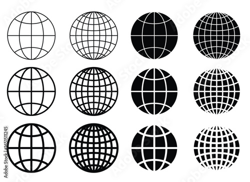 This image features a collection of twelve globe icons with gridded lines. The globes display various weights and intensities of line thickness, in black and white color palette.