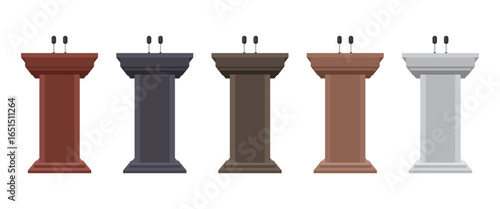 A clean, white background showcases a lineup of five podiums, each exhibiting a distinct color, design and style. Each has microphones attached to the top.